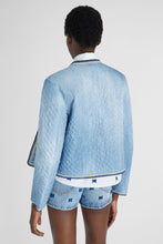 Load image into Gallery viewer, Denim effect quilted double-breasted jacket with multicoloured rafia piping
