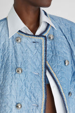 Load image into Gallery viewer, Denim effect quilted double-breasted jacket with multicoloured rafia piping
