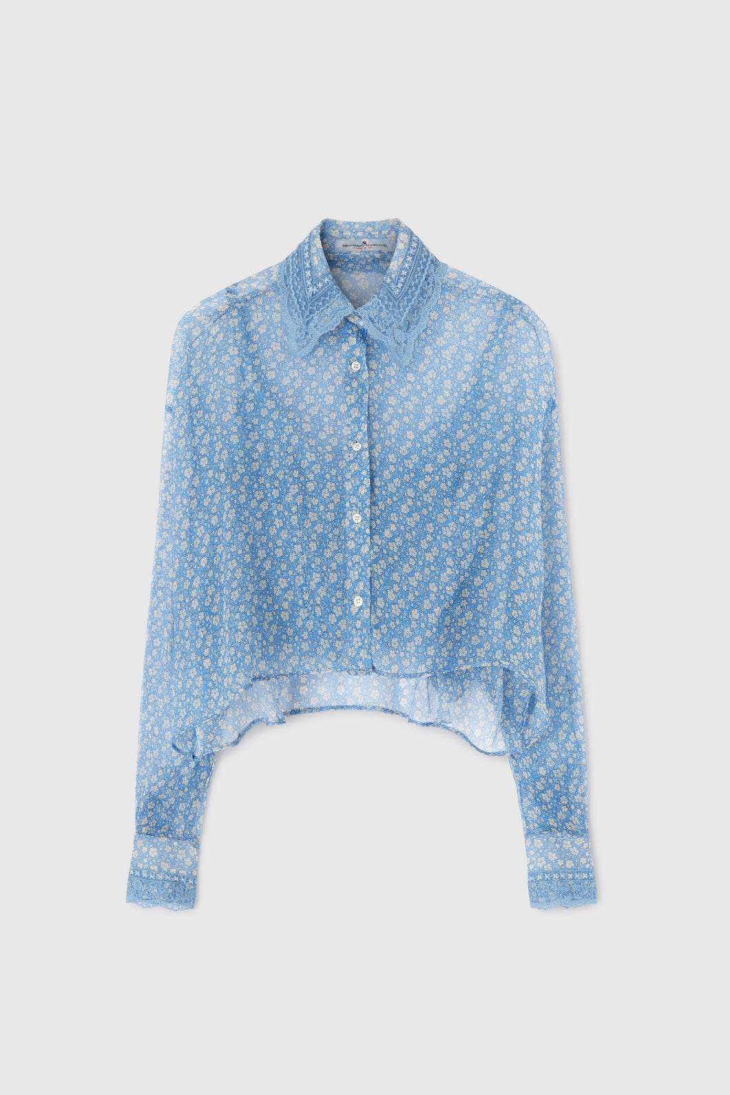 Pure silk chiffon shirt with micro flower print and valencienne lace details