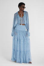 Load image into Gallery viewer, Pure silk chiffon shirt with micro flower print and valencienne lace details
