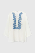 Load image into Gallery viewer, Short kaftan in pure silk crepe de chine with handmade floral appliqués
