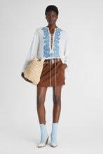 Load image into Gallery viewer, Short kaftan in pure silk crepe de chine with handmade floral appliqués
