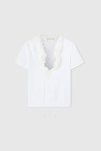 Load image into Gallery viewer, T-shirt with deep V-neck and silk lace and ruffle applications
