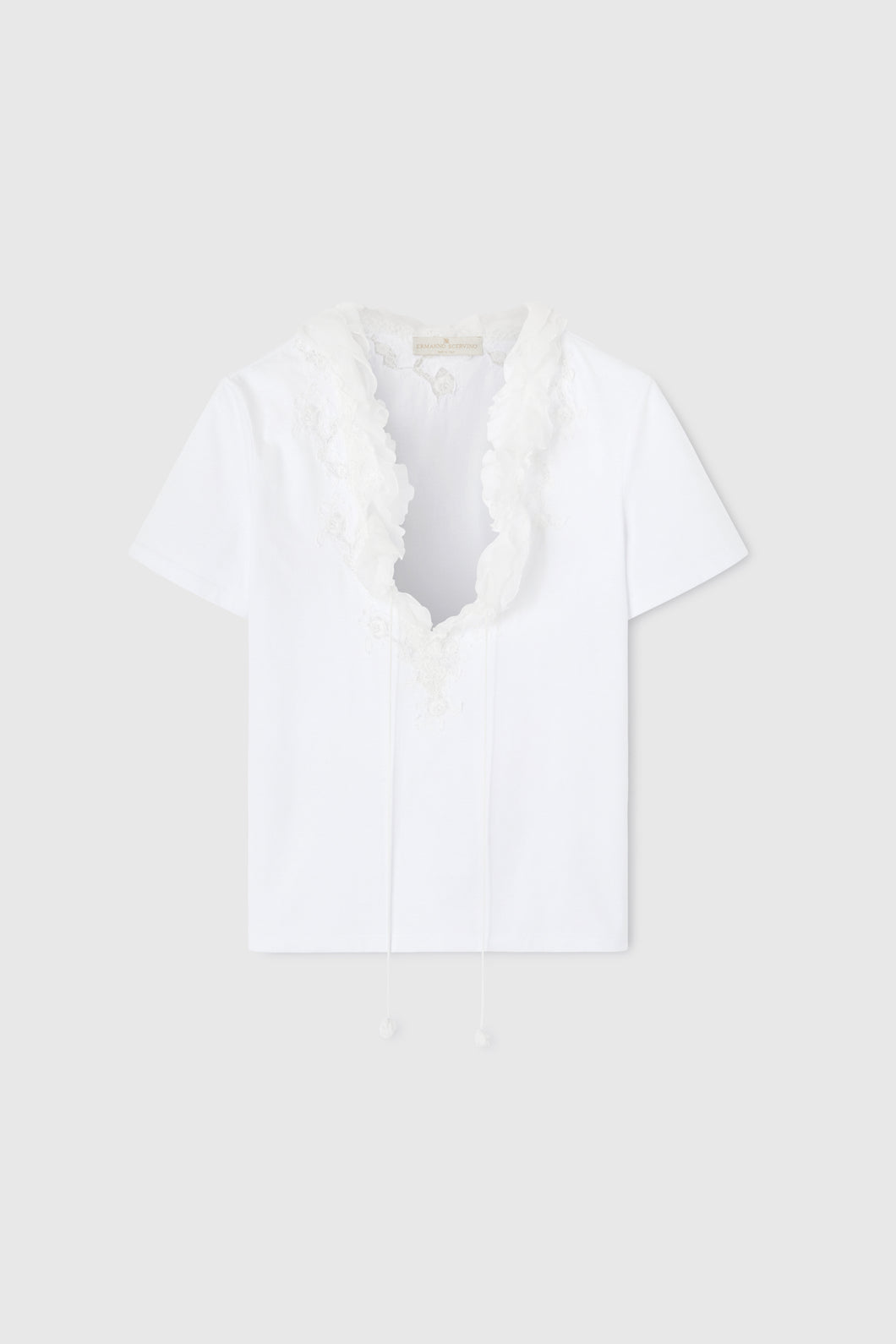 T-shirt with deep V-neck and silk lace and ruffle applications