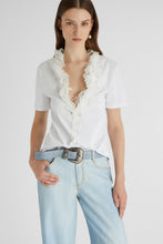 Load image into Gallery viewer, T-shirt with deep V-neck and silk lace and ruffle applications
