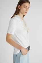 Load image into Gallery viewer, T-shirt with deep V-neck and silk lace and ruffle applications
