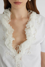 Load image into Gallery viewer, T-shirt with deep V-neck and silk lace and ruffle applications
