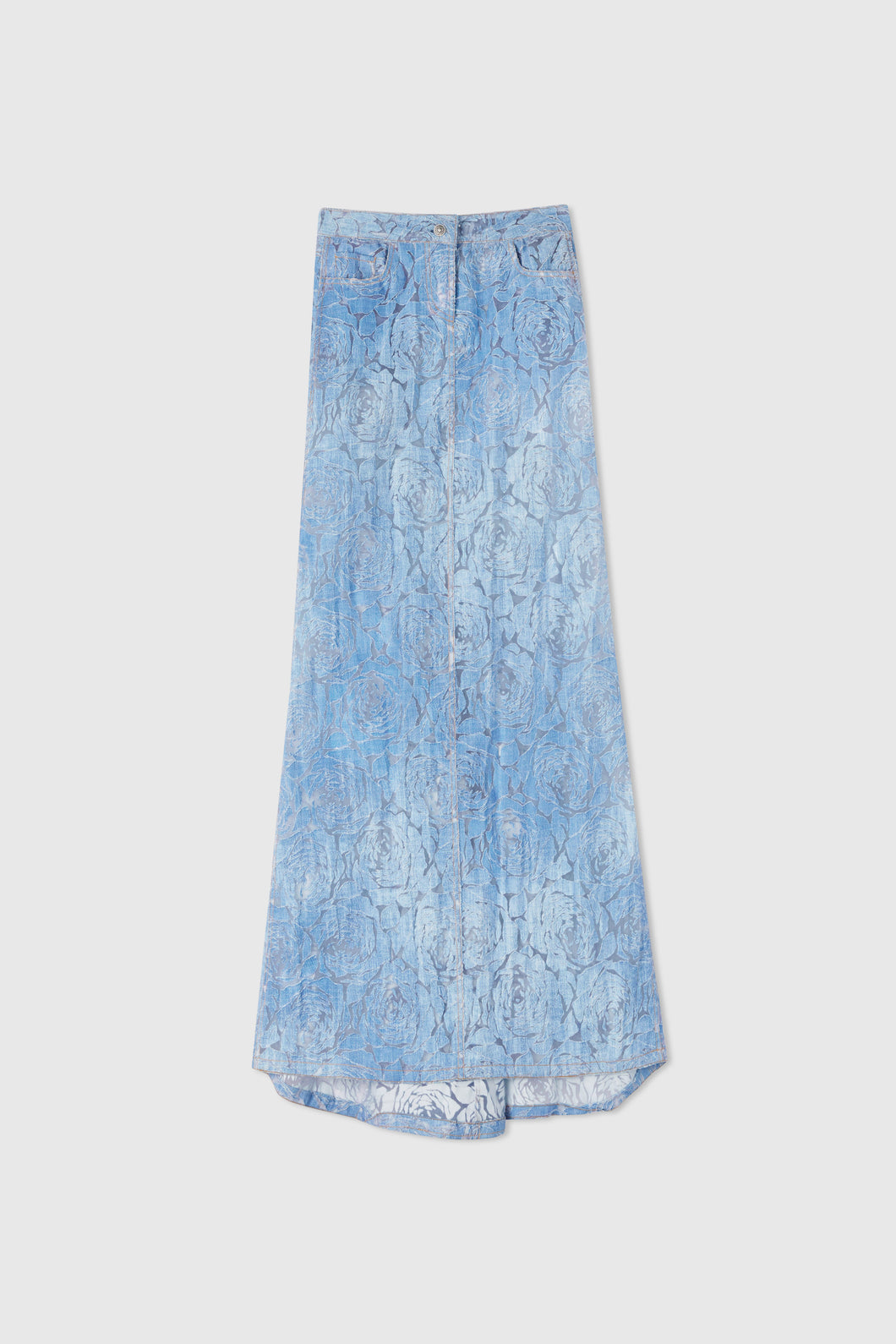 Long denim skirt with devoré floral motif