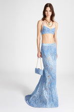 Load image into Gallery viewer, Long denim skirt with devoré floral motif
