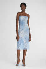 Load image into Gallery viewer, Light denim print lace bustier dress with tone-on-tone crystal appliqués

