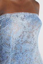 Load image into Gallery viewer, Light denim print lace bustier dress with tone-on-tone crystal appliqués
