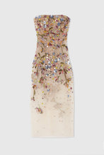 Load image into Gallery viewer, Toulle bustier dress with handmade three-dimensional embroidery and multicoloured floral crystals
