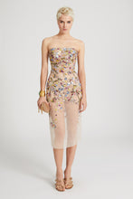 Load image into Gallery viewer, Toulle bustier dress with handmade three-dimensional embroidery and multicoloured floral crystals
