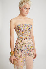 Load image into Gallery viewer, Toulle bustier dress with handmade three-dimensional embroidery and multicoloured floral crystals
