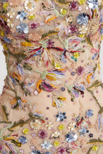 Load image into Gallery viewer, Toulle bustier dress with handmade three-dimensional embroidery and multicoloured floral crystals
