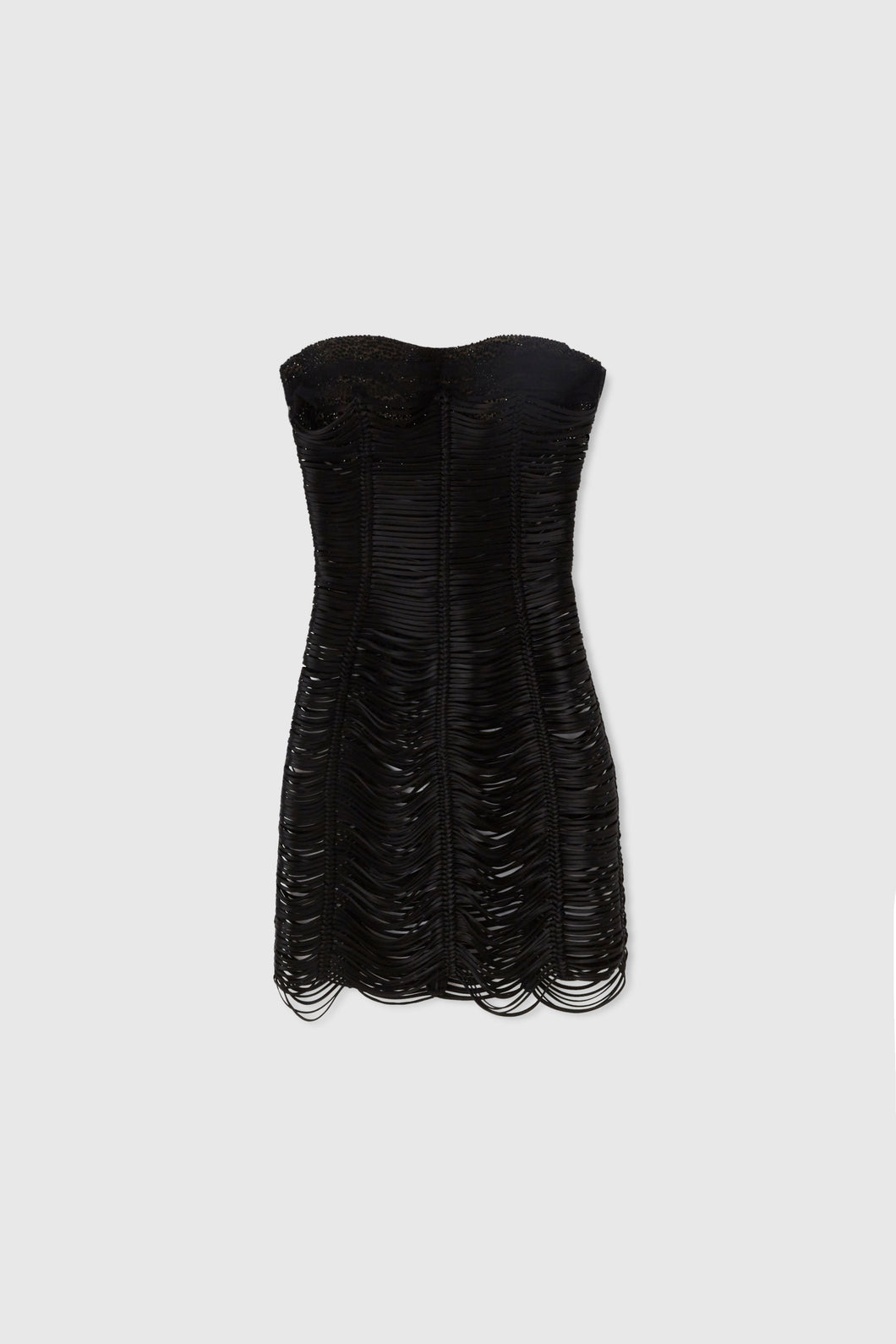 Short silk bustier dress with crystals and made with soutache technique