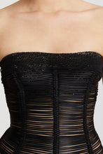 Load image into Gallery viewer, Short silk bustier dress with crystals and made with soutache technique
