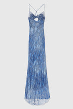 Load image into Gallery viewer, Denim print devoré long dress with handmade floral embroidery

