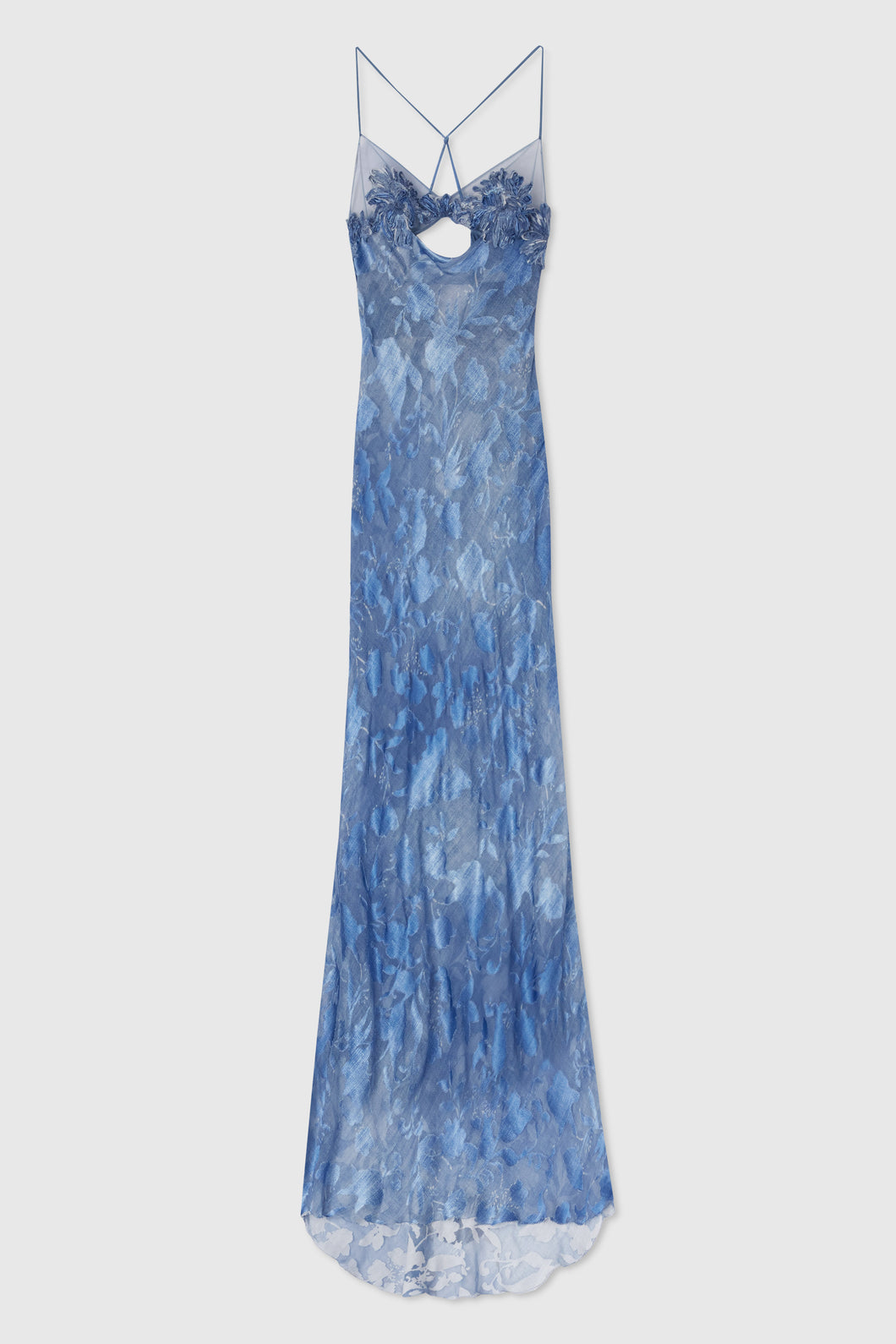 Denim print devoré long dress with handmade floral embroidery