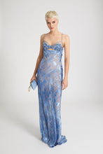 Load image into Gallery viewer, Denim print devoré long dress with handmade floral embroidery
