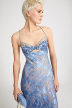 Load image into Gallery viewer, Denim print devoré long dress with handmade floral embroidery
