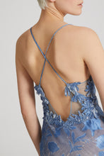 Load image into Gallery viewer, Denim print devoré long dress with handmade floral embroidery
