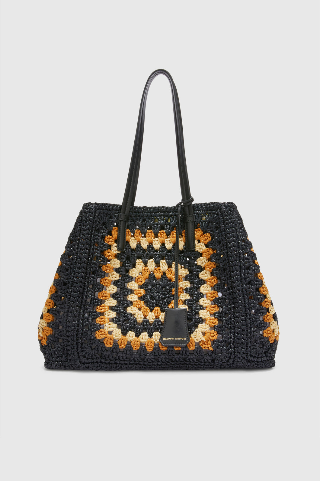 Multicolor rafia shopping bag with hand-made crochet weave