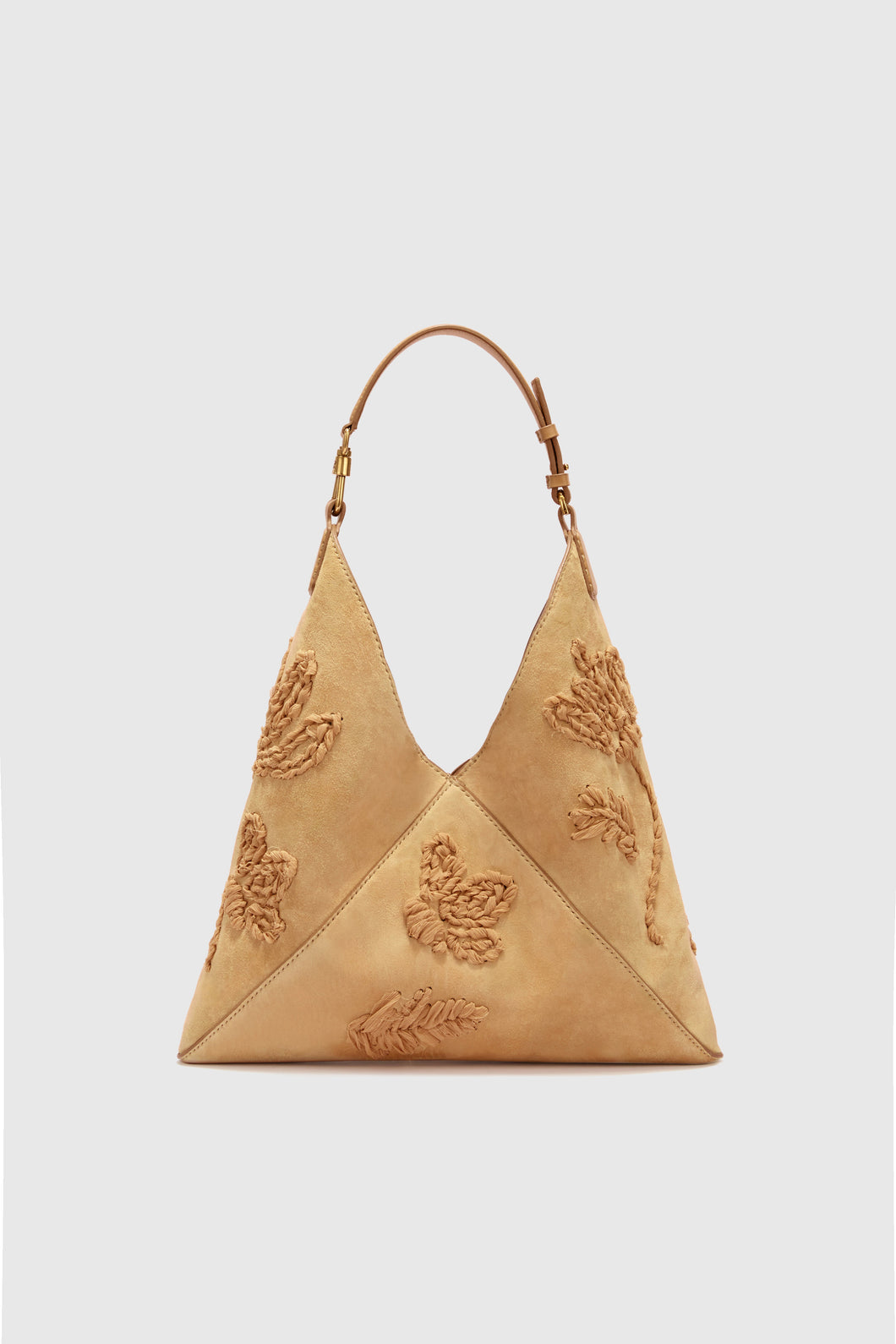 New Dudu in beige nuvolato suede with handmade silk chiffon creponne floral embroidery