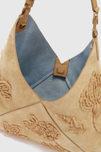 Load image into Gallery viewer, New Dudu in beige nuvolato suede with handmade silk chiffon creponne floral embroidery
