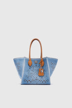 Load image into Gallery viewer, Medium Maggie in denim with handmade and hand-finished geometric cut-out
