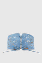 Load image into Gallery viewer, Denim corset with laces and geometric carving
