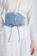 Load image into Gallery viewer, Denim corset with laces and geometric carving
