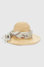Load image into Gallery viewer, Viscose rafia broad-brimmed hat with geometric print silk sash
