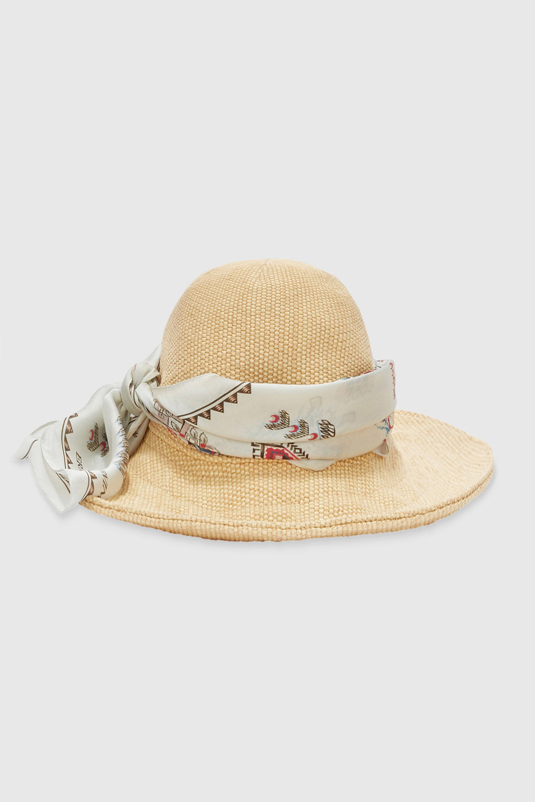 Viscose rafia broad-brimmed hat with geometric print silk sash