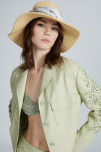 Load image into Gallery viewer, Viscose rafia broad-brimmed hat with geometric print silk sash
