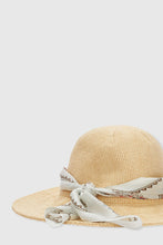 Load image into Gallery viewer, Viscose rafia broad-brimmed hat with geometric print silk sash
