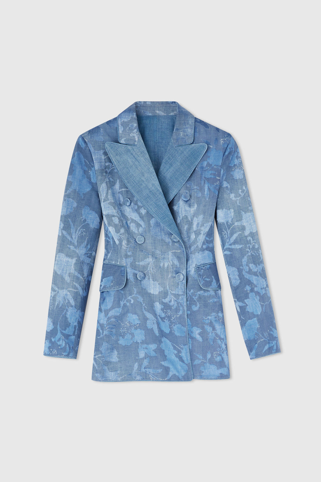 Double-breasted jacket in devorè viscose with rose motif, with denim print