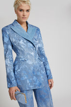 Load image into Gallery viewer, Double-breasted jacket in devorè viscose with rose motif, with denim print
