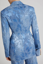 Load image into Gallery viewer, Double-breasted jacket in devorè viscose with rose motif, with denim print
