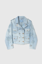 Load image into Gallery viewer, Denim print marocain biker jacket with adjustable drawstring at the back and hand-made floral embroidery
