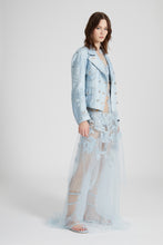 Load image into Gallery viewer, Denim print marocain biker jacket with adjustable drawstring at the back and hand-made floral embroidery
