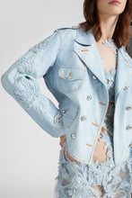 Load image into Gallery viewer, Denim print marocain biker jacket with adjustable drawstring at the back and hand-made floral embroidery
