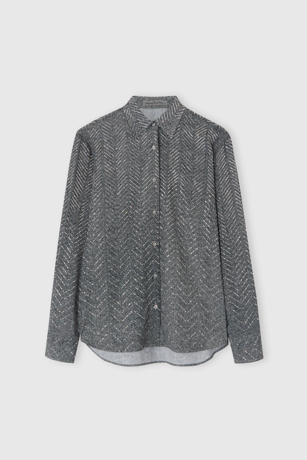 Viscose shirt with hand-applied crystals and herringbone pattern in shades of grey
