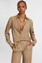 Load image into Gallery viewer, Viscose shirt with hand-applied crystals and a sigata pattern in shades of camel
