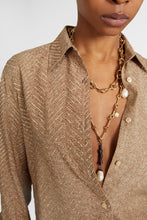 Load image into Gallery viewer, Viscose shirt with hand-applied crystals and a sigata pattern in shades of camel
