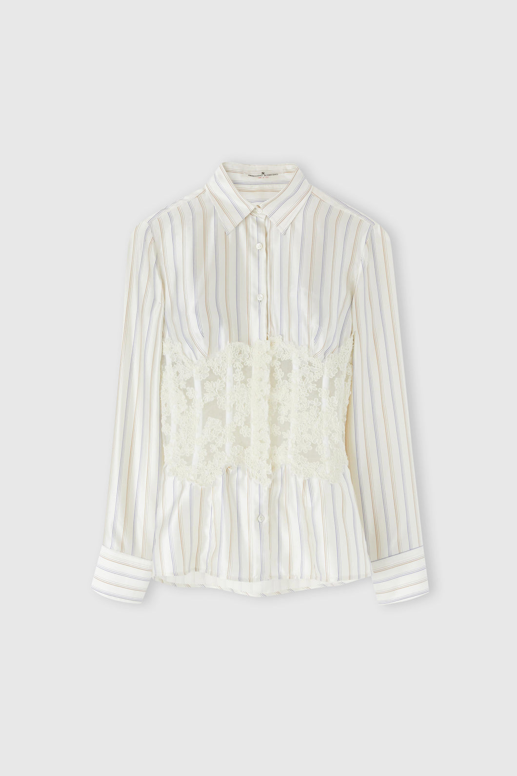 Printed silk shirt with rebrodé lace bustier
