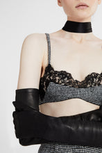 Load image into Gallery viewer, Unstructured wool blend bra with pied de poule pattern and lace applications
