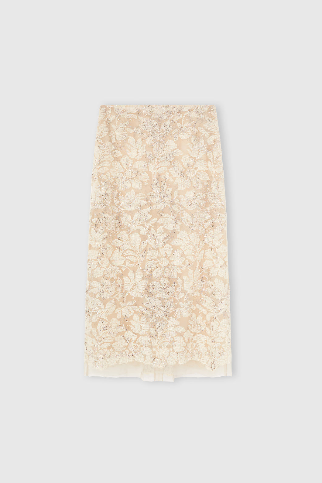 Sheath skirt in fine floral lace with hand-applied crystals