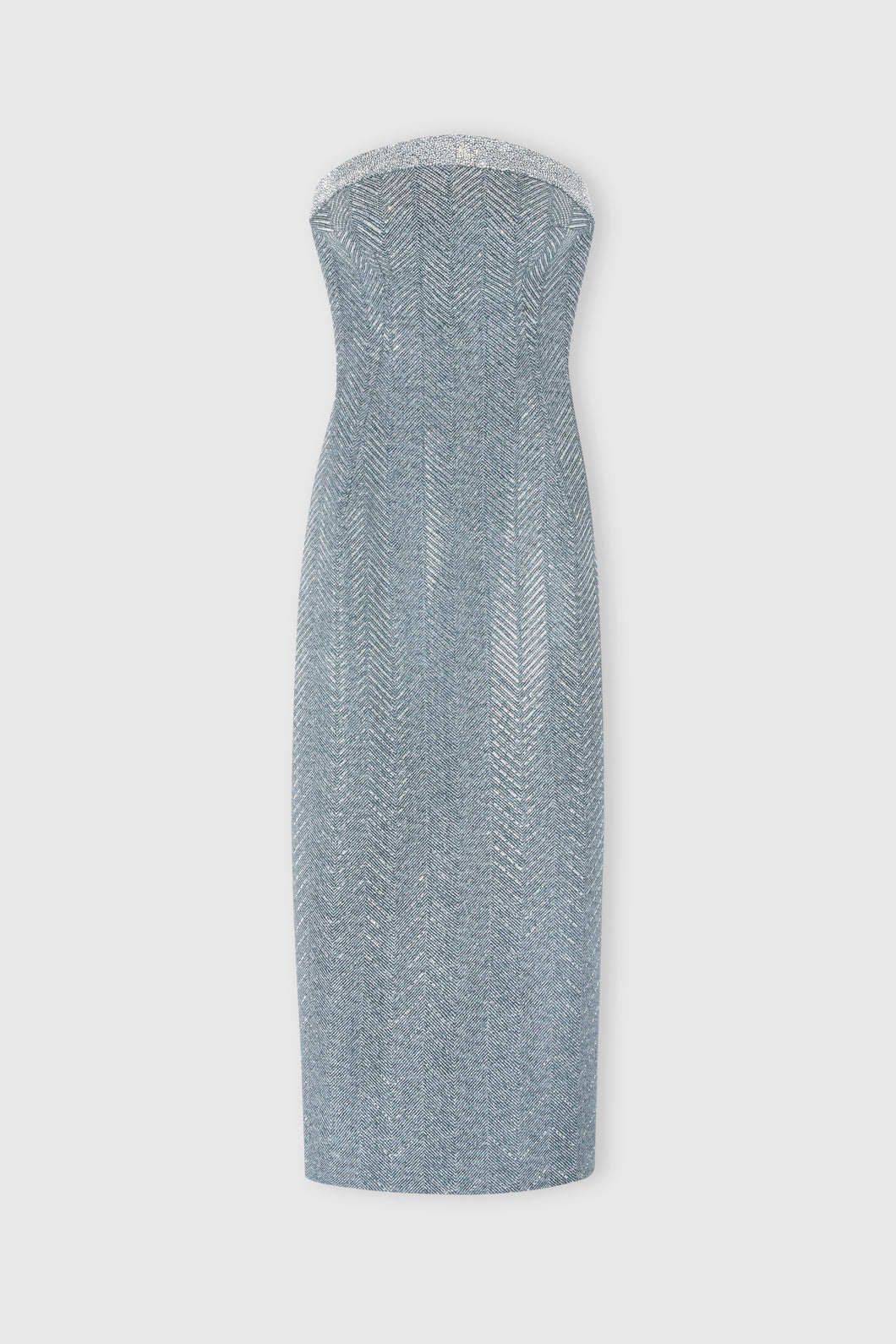 Viscose blend midi bustier dress with herringbone pattern and crystals