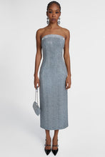 Load image into Gallery viewer, Viscose blend midi bustier dress with herringbone pattern and crystals
